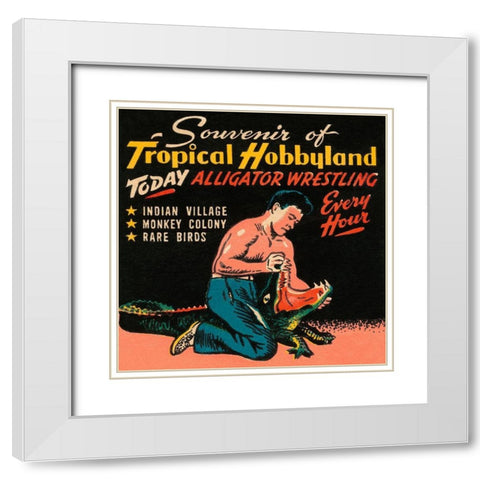 Tropical Hobbyland - Alligator Wrestling White Modern Wood Framed Art Print with Double Matting by Retrotravel