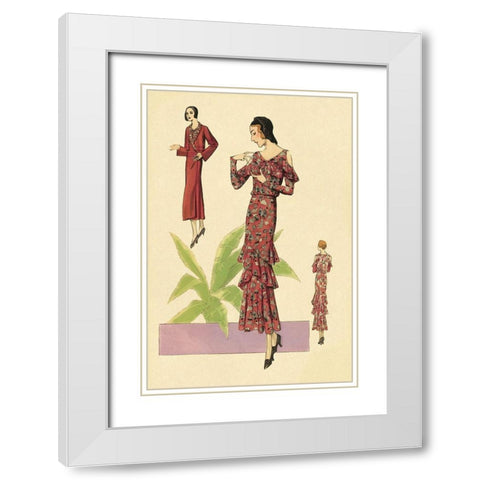 Party Dress with Ruffles and Flowers White Modern Wood Framed Art Print with Double Matting by Vintage Fashion