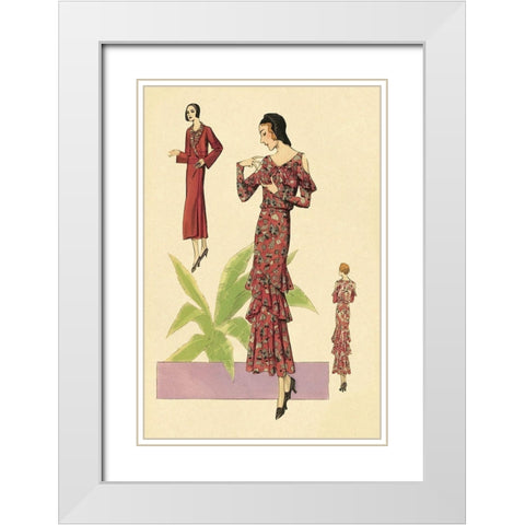 Party Dress with Ruffles and Flowers White Modern Wood Framed Art Print with Double Matting by Vintage Fashion