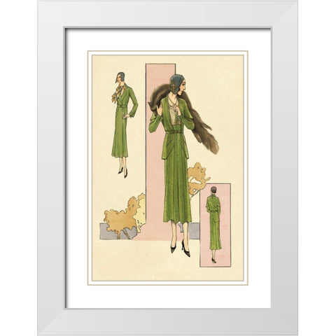 Emerald Suit with Stole White Modern Wood Framed Art Print with Double Matting by Vintage Fashion