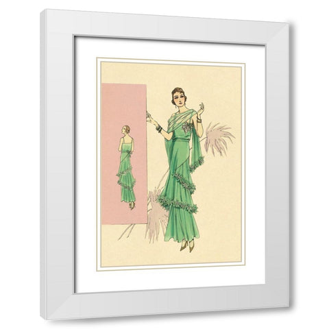 Playful Green Evening Gown White Modern Wood Framed Art Print with Double Matting by Vintage Fashion