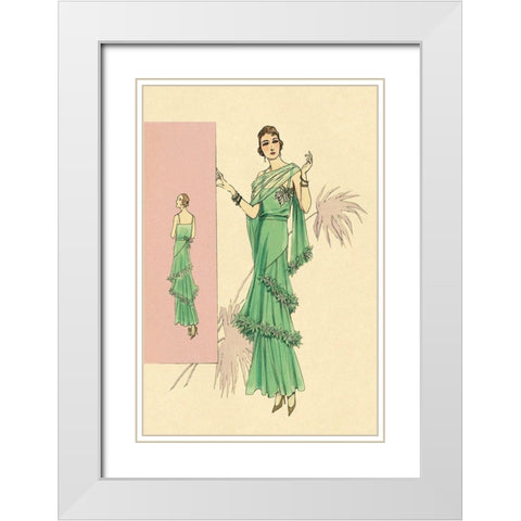 Playful Green Evening Gown White Modern Wood Framed Art Print with Double Matting by Vintage Fashion