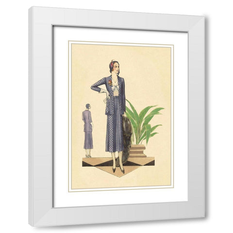 Blue Checkered Suit with Stole and Gloves White Modern Wood Framed Art Print with Double Matting by Vintage Fashion