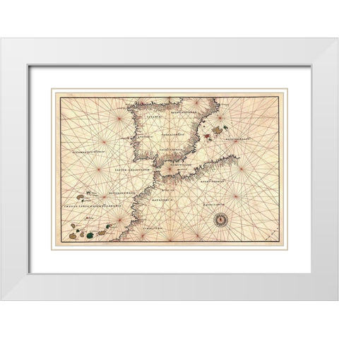 Portolan or Navigational Map of the Spain, Gibraltar and North Africa White Modern Wood Framed Art Print with Double Matting by Agnese, Battista