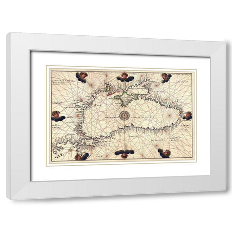 Portolan or Navigational Map of the Black Sea showing anthropomorphic winds White Modern Wood Framed Art Print with Double Matting by Agnese, Battista