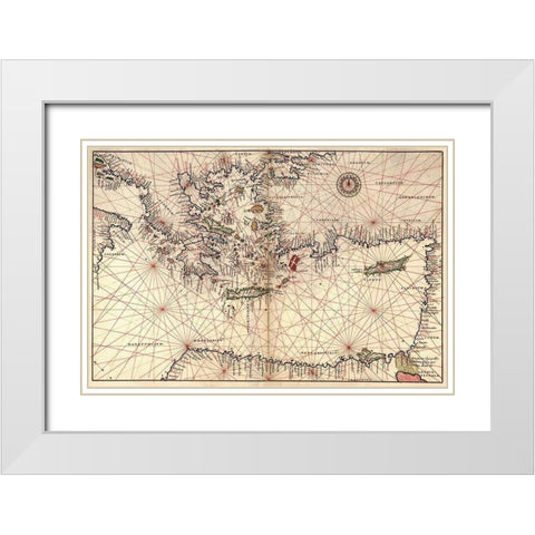 Portolan or Navigational Map of Greece, the Mediterranean and the Levant White Modern Wood Framed Art Print with Double Matting by Agnese, Battista