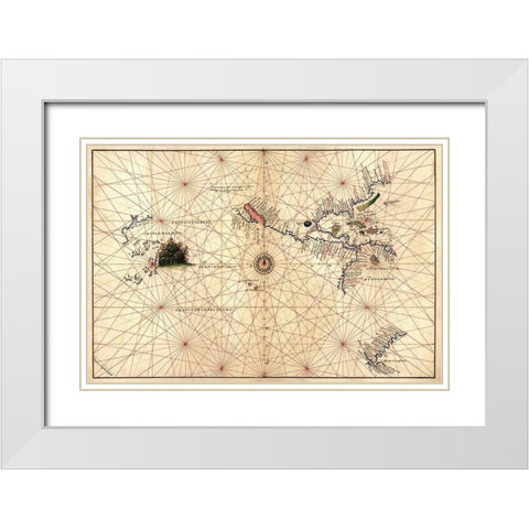 Portolan Map of the Western Hemisphere showing what will become the United States, Panama and a port White Modern Wood Framed Art Print with Double Matting by Agnese, Battista