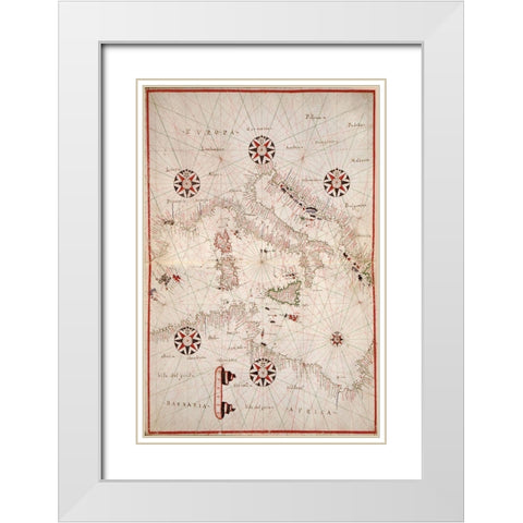 Portolan atlas of the Mediterranean Sea, western Europe, and the northwest coast of Africa - Central White Modern Wood Framed Art Print with Double Matting by Oliva, Joan