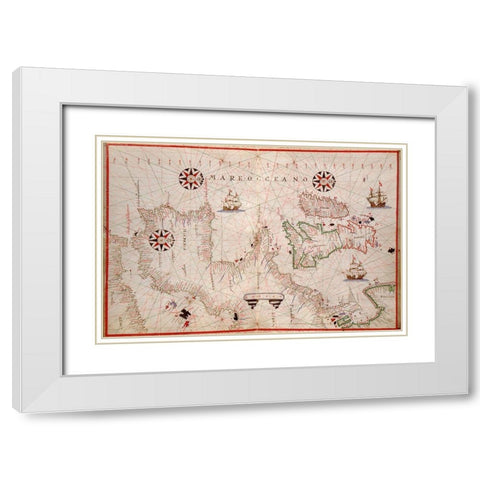 Portolan Map of Spain, England, Ireland and France White Modern Wood Framed Art Print with Double Matting by Oliva, Joan