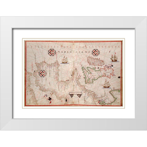 Portolan Map of Spain, England, Ireland and France White Modern Wood Framed Art Print with Double Matting by Oliva, Joan