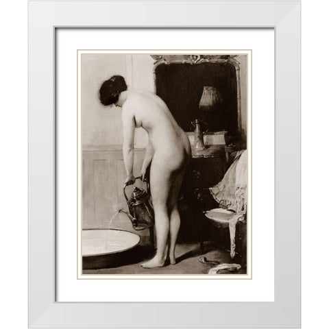 Pouring a Bath White Modern Wood Framed Art Print with Double Matting by Vintage Nudes