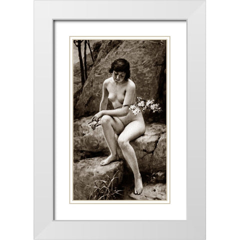 Nude with Flowers White Modern Wood Framed Art Print with Double Matting by Vintage Nudes