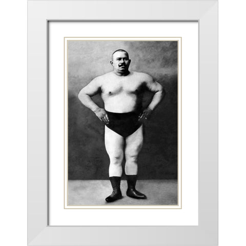 Bodybuilder in Hands on Hips Pose White Modern Wood Framed Art Print with Double Matting by Vintage Muscle Men