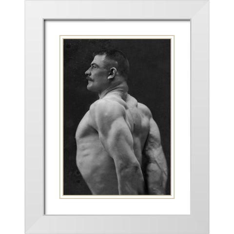 Flexing Triceps, Deltoids, and Trapezius White Modern Wood Framed Art Print with Double Matting by Vintage Muscle Men