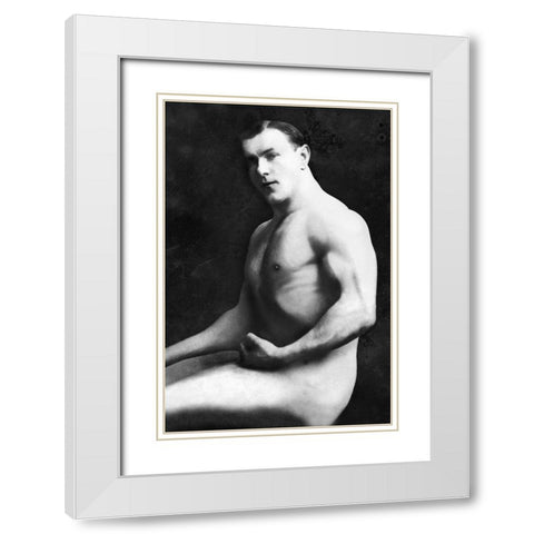 Arm Curl from Seated Pose White Modern Wood Framed Art Print with Double Matting by Vintage Muscle Men