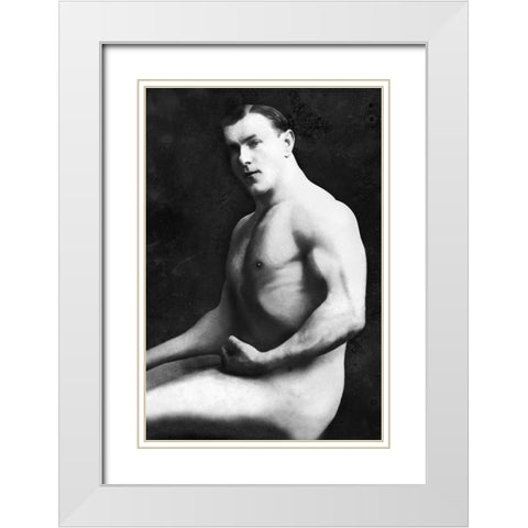 Arm Curl from Seated Pose White Modern Wood Framed Art Print with Double Matting by Vintage Muscle Men