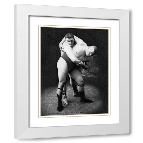 Hip Throw: Russian Wrestlers White Modern Wood Framed Art Print with Double Matting by Vintage Wrestler
