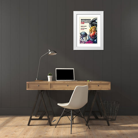 Science Fiction Quarterly: Robot Attack White Modern Wood Framed Art Print with Double Matting by Retrosci-fi