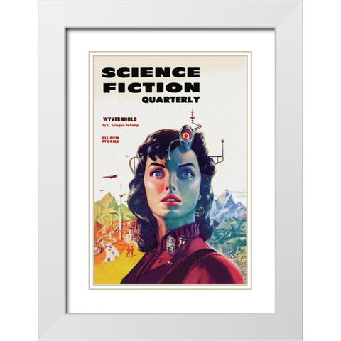 Science Fiction Quarterly: Woman with Forehead Transmitter White Modern Wood Framed Art Print with Double Matting by Retrosci-fi