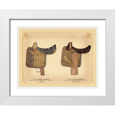 Saddles and Tack: Ladies Saddles #1 White Modern Wood Framed Art Print with Double Matting by Unknown