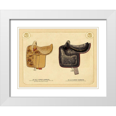 Saddles and Tack: Ladies Saddles #3 White Modern Wood Framed Art Print with Double Matting by Unknown