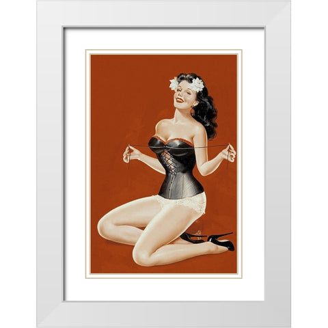Mid-Century Pin-Ups - Lacing her bra White Modern Wood Framed Art Print with Double Matting by Driben, Peter