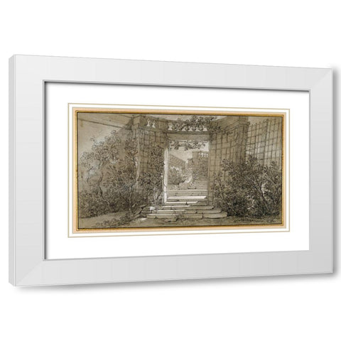 Landscape with a Staircase and a Balustrade, ca. 1744-47 White Modern Wood Framed Art Print with Double Matting by Oudry, Jean-Baptiste