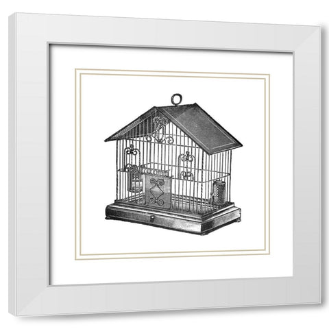Etchings: Birdcage - Peaked top, twisted wire detail. White Modern Wood Framed Art Print with Double Matting by Catalog Illustration