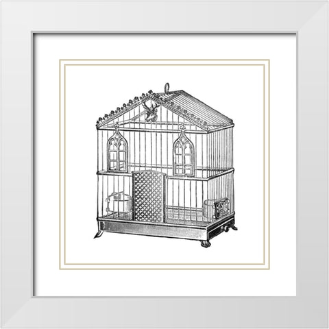 Etchings: Birdcage - Peaked top, window and deer head detail. White Modern Wood Framed Art Print with Double Matting by Catalog Illustration