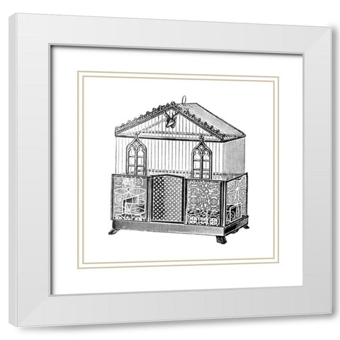 Etchings: Birdcage - Peaked top, patterned base, windows and deer head detail. White Modern Wood Framed Art Print with Double Matting by Catalog Illustration