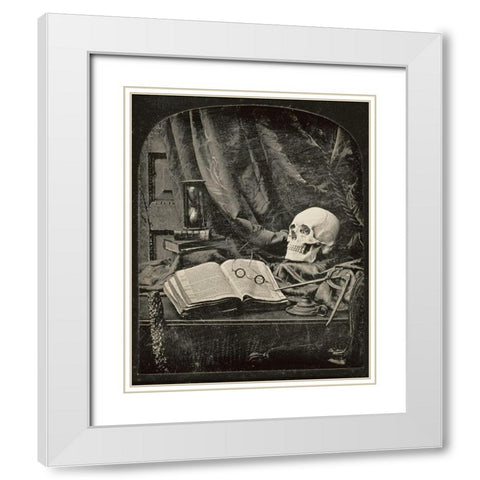 Still Life with Skull, Open Book with Glasses, and Hourglass White Modern Wood Framed Art Print with Double Matting by Williams, Thomas Richard