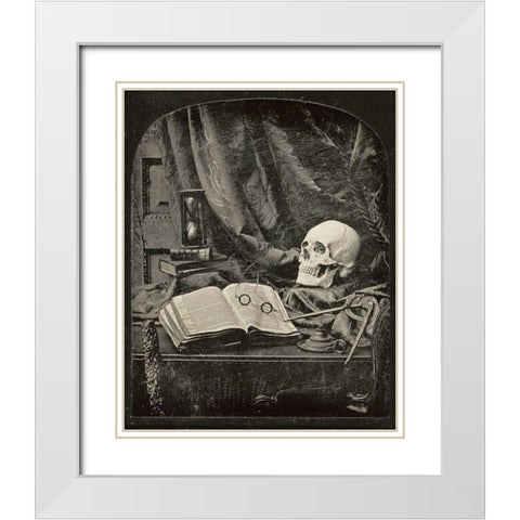 Still Life with Skull, Open Book with Glasses, and Hourglass White Modern Wood Framed Art Print with Double Matting by Williams, Thomas Richard