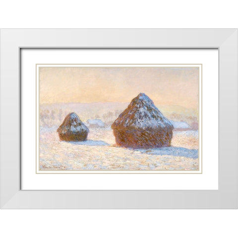 Wheatstacks, Snow Effect, Morning (Meules, Effet de Neige, Le Matin) White Modern Wood Framed Art Print with Double Matting by Monet, Claude