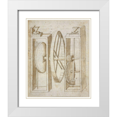 Two mills with wheel between White Modern Wood Framed Art Print with Double Matting by Martini, Francesco di Giorgio