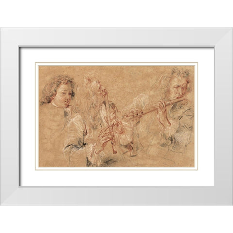 Two Studies of a Flutist and a Study of the Head of a Boy White Modern Wood Framed Art Print with Double Matting by Watteau, Jean-Antoine