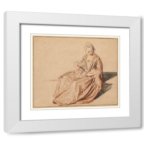 Seated Woman with a Fan White Modern Wood Framed Art Print with Double Matting by Watteau, Jean-Antoine