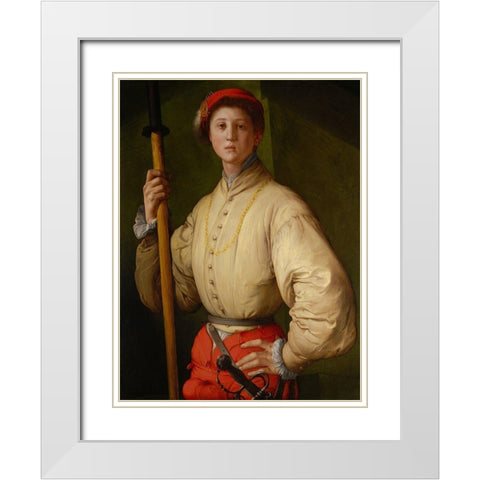Portrait of a Halberdier (Francesco Guardi?) White Modern Wood Framed Art Print with Double Matting by Pontormo (Jacopo Carucci)