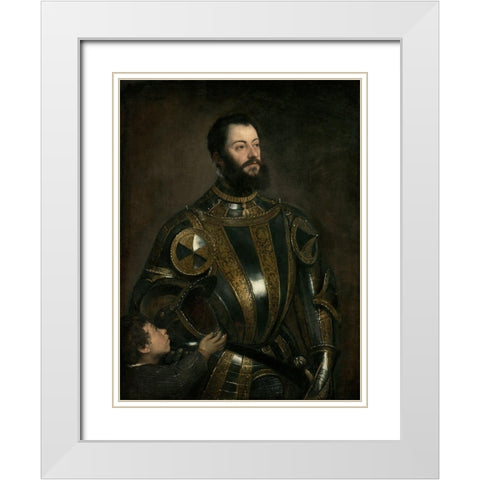 Portrait of Alfonso dAvalos, Marchese del Vasto, in Armor with a Page White Modern Wood Framed Art Print with Double Matting by Titian (Tiziano Vecellio)