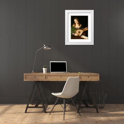 Lady Playing a Lute White Modern Wood Framed Art Print with Double Matting by Veneto, Barolomeo