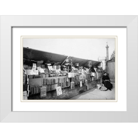 Paris, 1910-1911 - Secondhand Book Dealer, place de la Bastille bouquiniste White Modern Wood Framed Art Print with Double Matting by Atget, Eugene