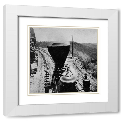 Rounding Cape Horn. Road to Iowa Hill from the river, in the distance. Black and white. White Modern Wood Framed Art Print with Double Matting by Hart, Alfred A.