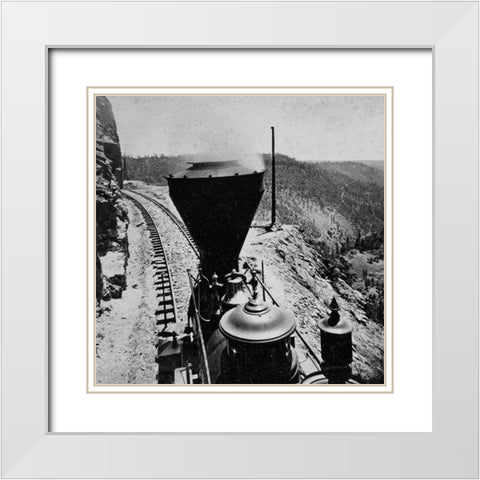 Rounding Cape Horn. Road to Iowa Hill from the river, in the distance. Black and white. White Modern Wood Framed Art Print with Double Matting by Hart, Alfred A.