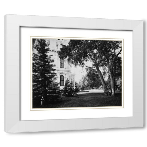 Thurlow Lodge - Lawn and House. From Barron Cluster. Black and white. White Modern Wood Framed Art Print with Double Matting by Watkins, Carleton