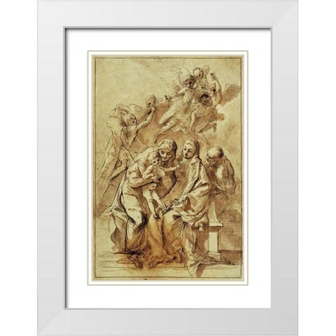 Holy Family with Saint Anne (recto); Figure Sketches (verso) White Modern Wood Framed Art Print with Double Matting by Testa, Pietro