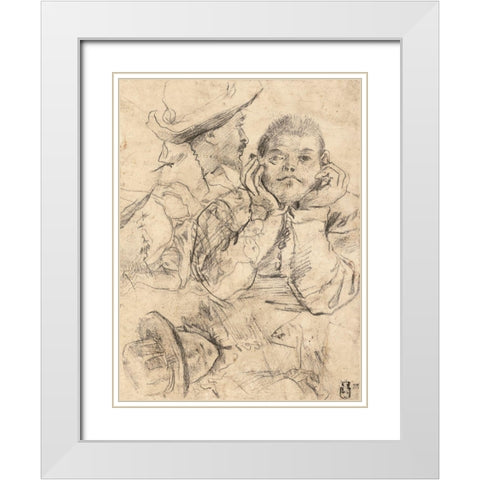 Four Studies of Heads Drawn over a Copy of Saint John the Evangelist by Correggio (recto); Three Stu White Modern Wood Framed Art Print with Double Matting by Carracci, Annibale or Lodovico