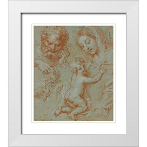 Studies of the Madonna and Child and of Heads (recto); Madonna and Child with Saint John Seated in a White Modern Wood Framed Art Print with Double Matting by Corneille, Michel