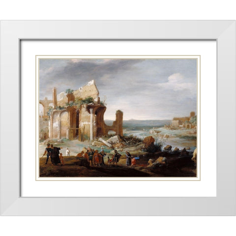 Moses and Aaron Changing the Rivers of Egypt to Blood White Modern Wood Framed Art Print with Double Matting by Breenbergh, Bartholomeus