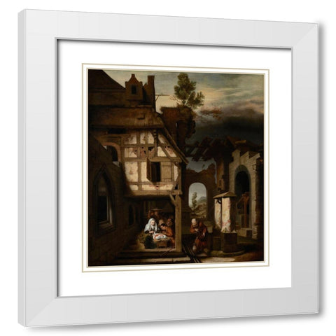 Adoration of the Shepherds White Modern Wood Framed Art Print with Double Matting by Maes, Nicolaes