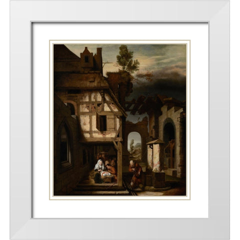 Adoration of the Shepherds White Modern Wood Framed Art Print with Double Matting by Maes, Nicolaes