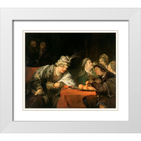 The Banquet of Ahasuerus White Modern Wood Framed Art Print with Double Matting by de Gelder, Aert